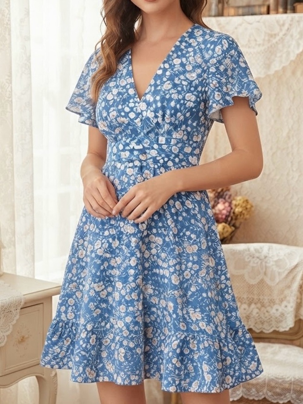 Floral V-Neck Flutter-Sleeve Dress